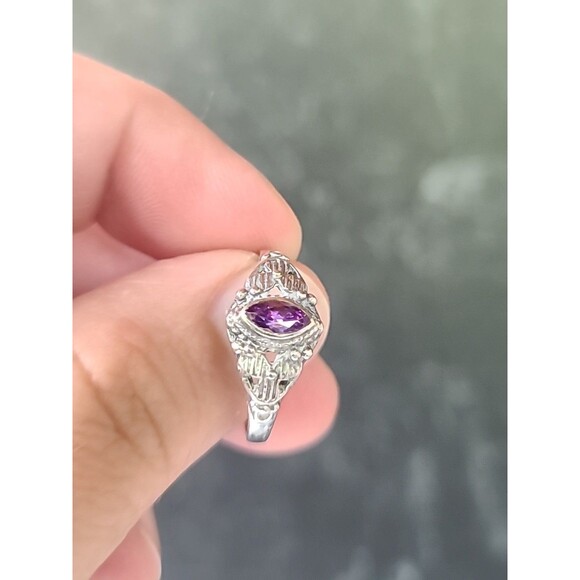 925 Sterling Silver Amethyst Floral Shaped Ring Vintage, SIZE US 8 - Picture 1 of 10